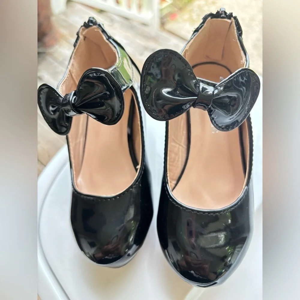 girl's kids back zipper closure mary jane bow wedding flower girl Black